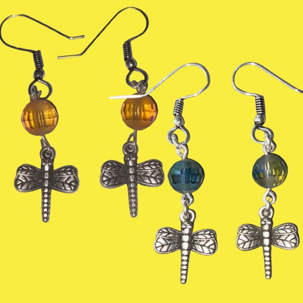Hand Crafted Earrings Firefly Dragonfly Dangle Silver Pierced Long Faceted Bead - Picture 4 of 6